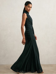 Reiss | Sheer Ruched Maxi Dress in Teal