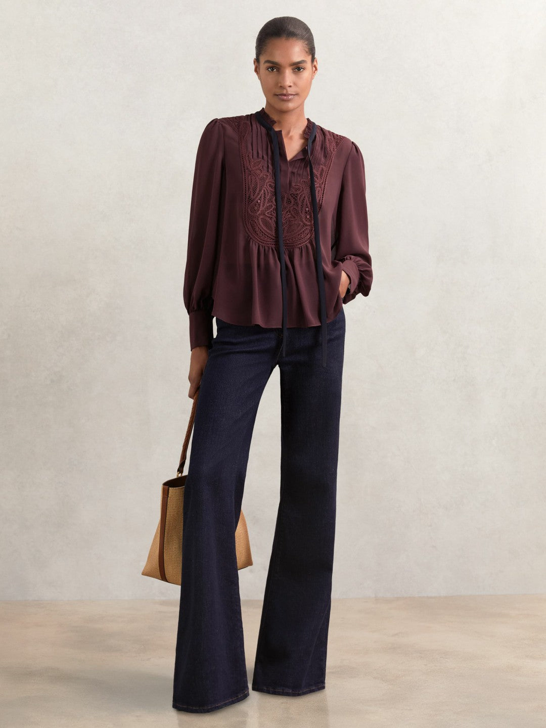 Reiss | Lace-Embroidered Tie-Neck Shirt in Burgundy