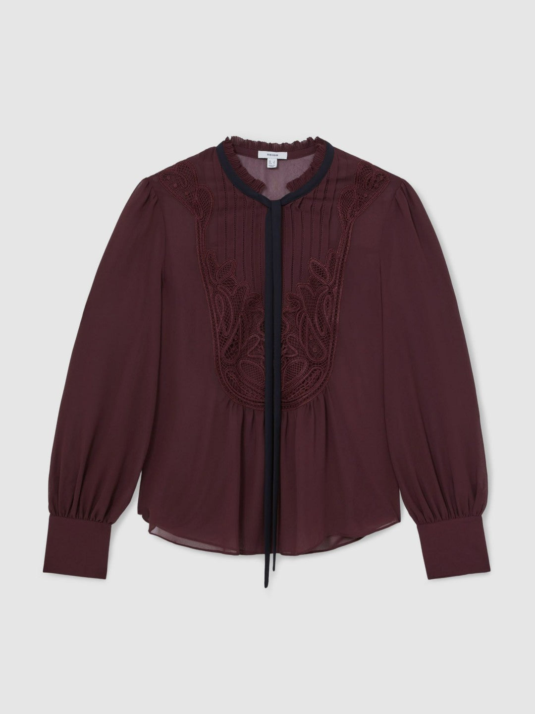 Reiss | Lace-Embroidered Tie-Neck Shirt in Burgundy