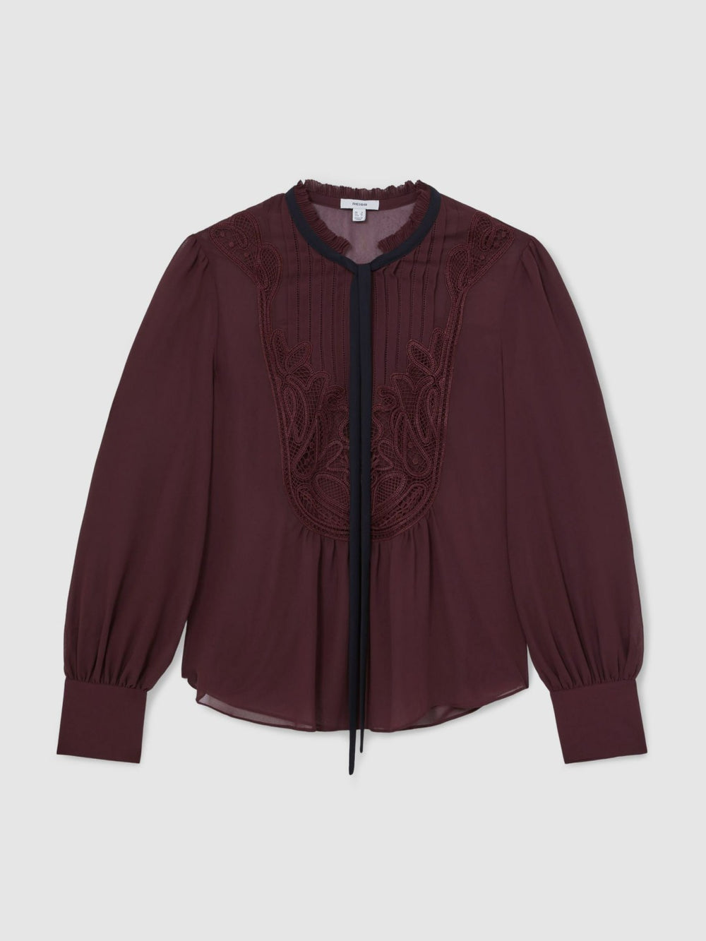 Reiss | Lace-Embroidered Tie-Neck Shirt in Burgundy