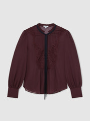 Reiss | Lace-Embroidered Tie-Neck Shirt in Burgundy