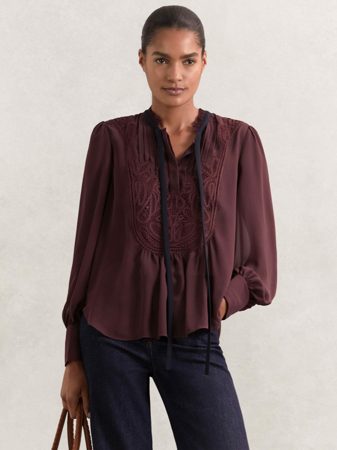 Reiss | Lace-Embroidered Tie-Neck Shirt in Burgundy