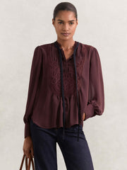 Reiss | Lace-Embroidered Tie-Neck Shirt in Burgundy