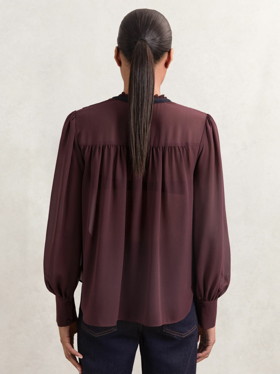Reiss | Lace-Embroidered Tie-Neck Shirt in Burgundy