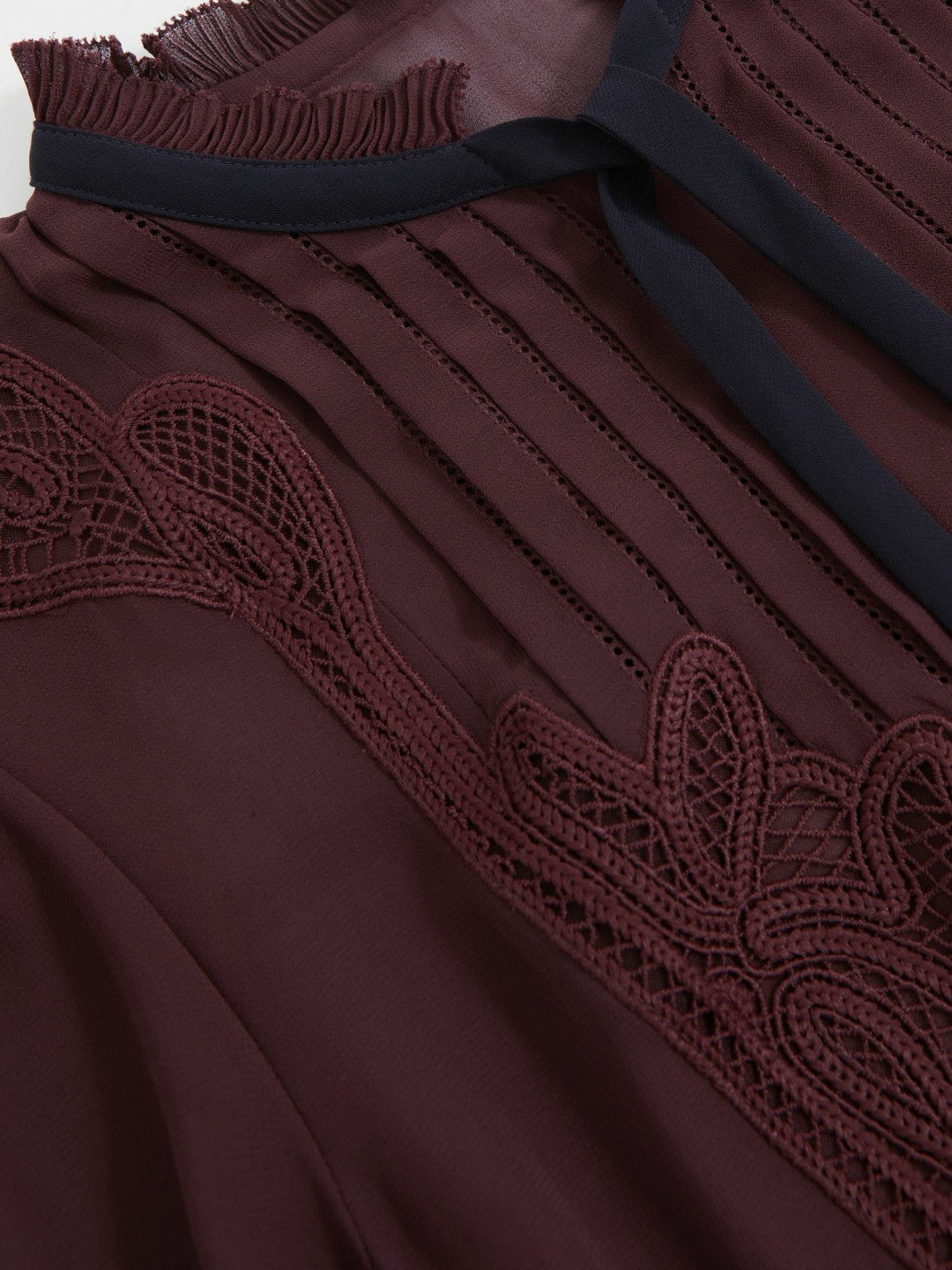 Reiss | Lace-Embroidered Tie-Neck Shirt in Burgundy