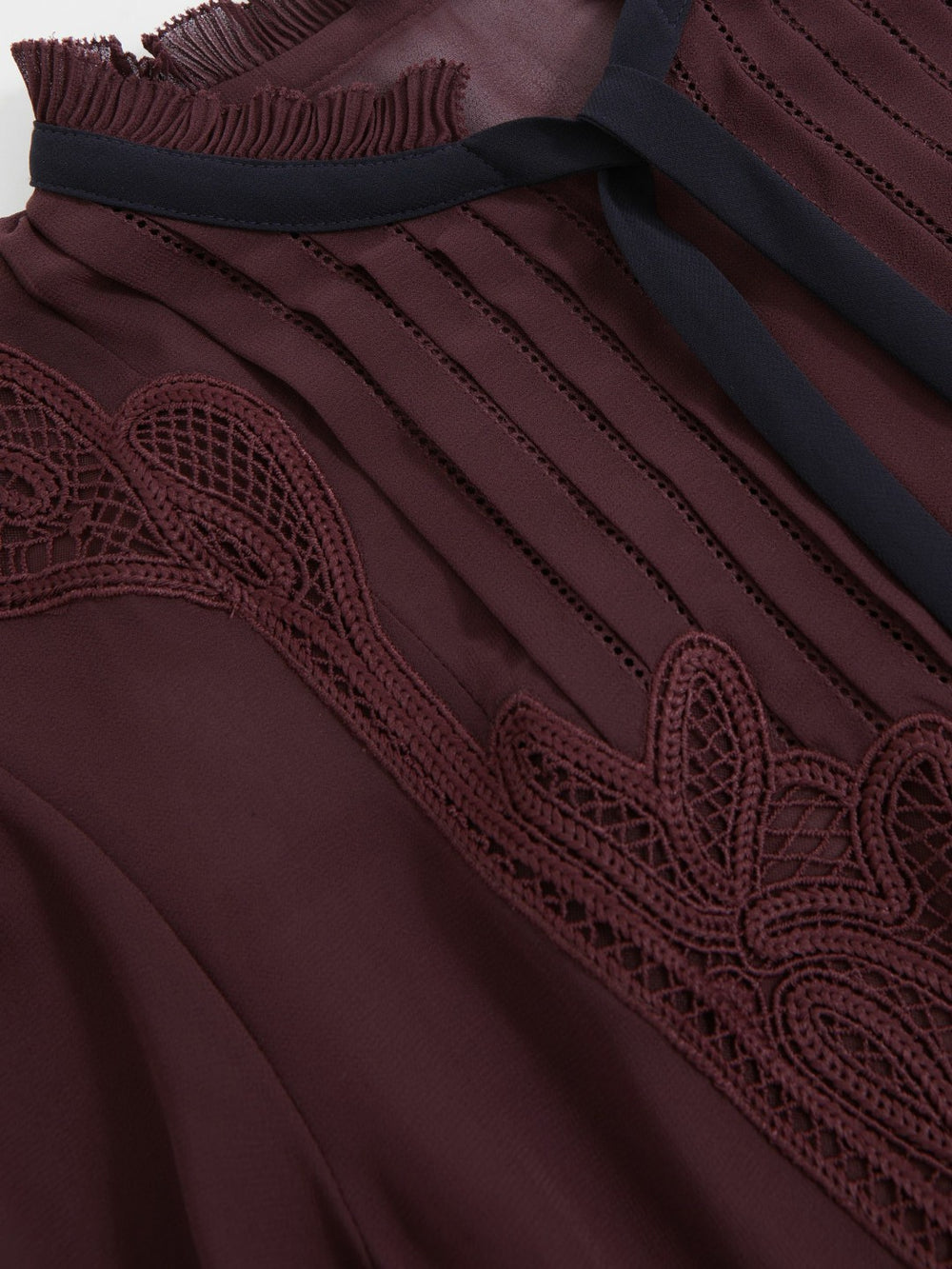 Reiss | Lace-Embroidered Tie-Neck Shirt in Burgundy