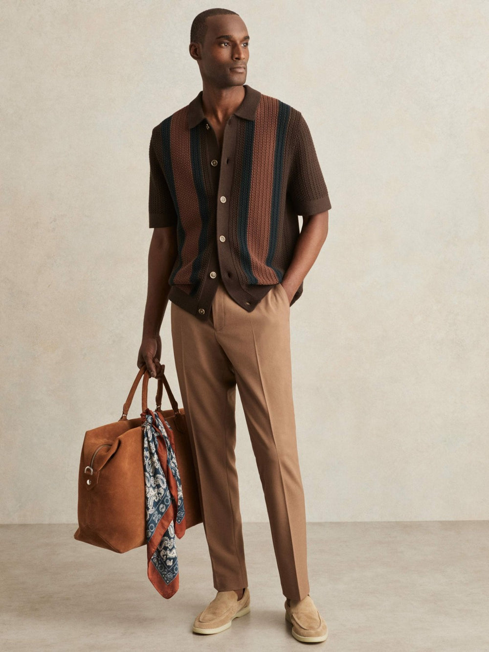 Reiss | Cotton Textured-Knit Stripe Shirt in Brown Multi