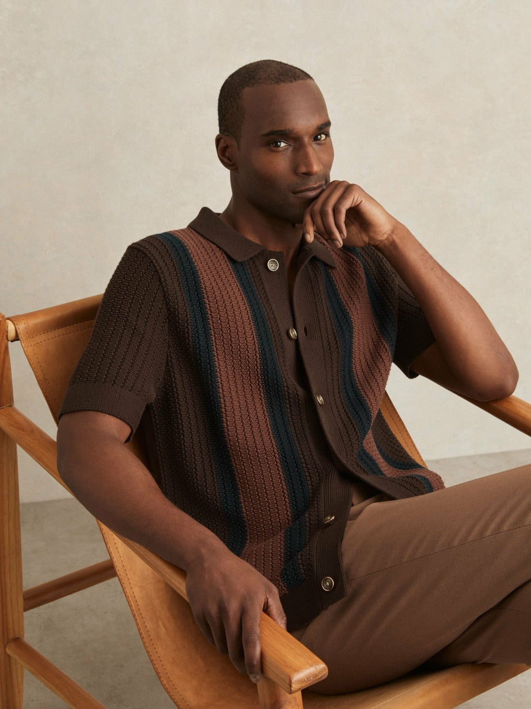 Reiss | Cotton Textured-Knit Stripe Shirt in Brown Multi