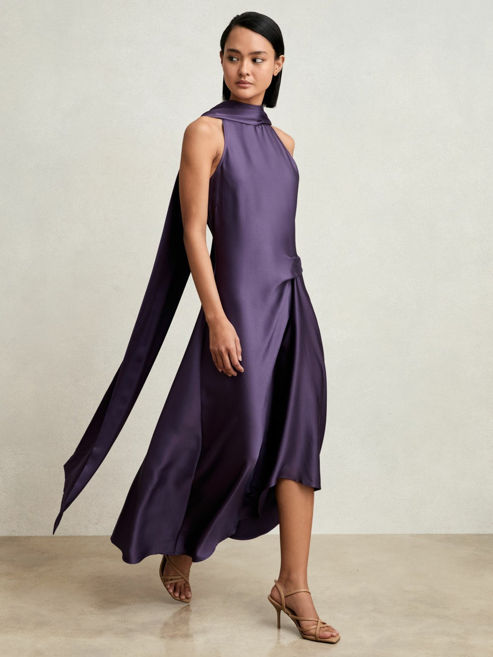 Reiss | Satin Tuck-Detail Cape Midi Dress in Purple