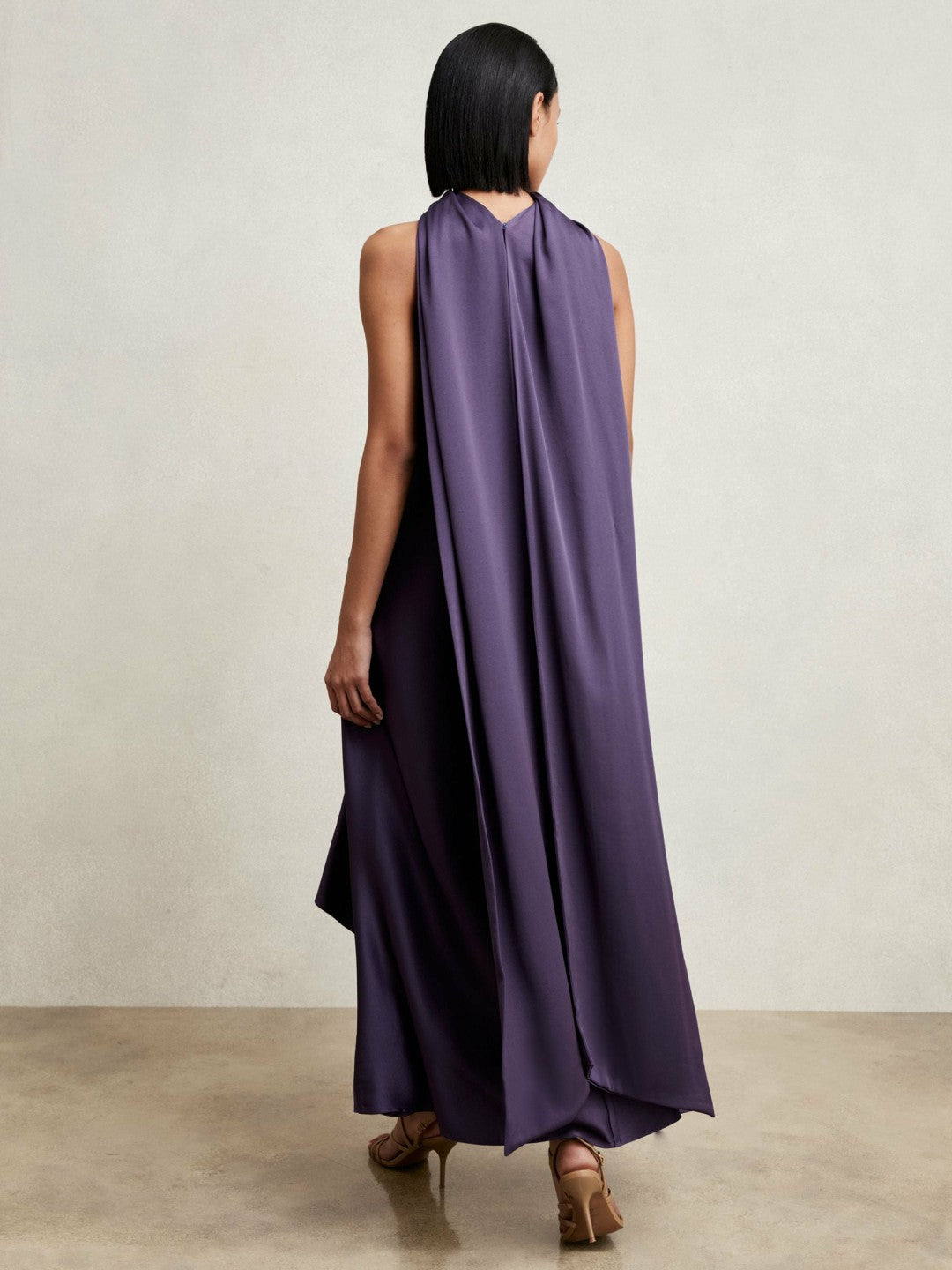 Reiss | Satin Tuck-Detail Cape Midi Dress in Purple