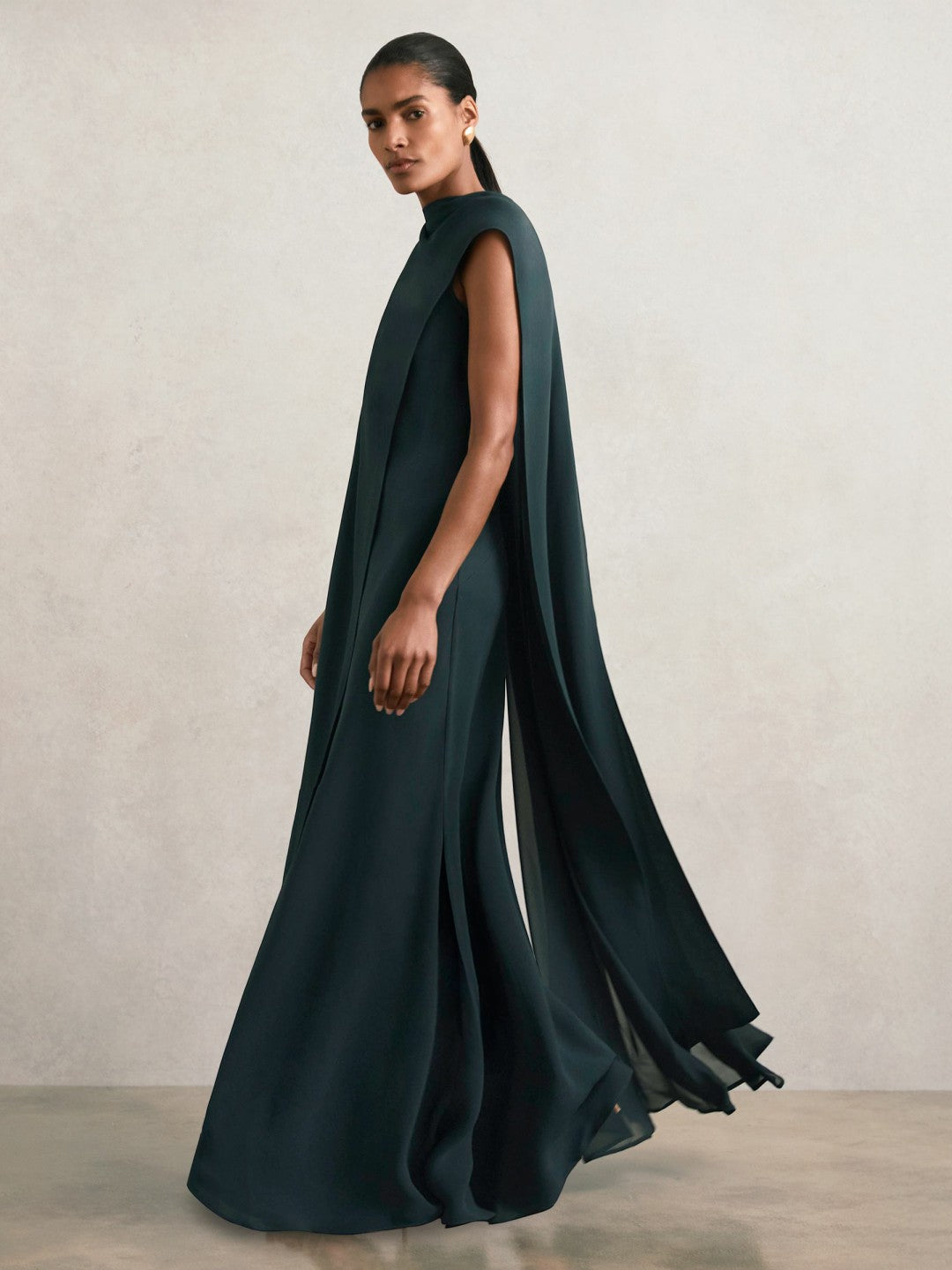 Reiss | Crepe Cape Maxi Dress in Teal Green