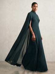 Reiss | Crepe Cape Maxi Dress in Teal Green