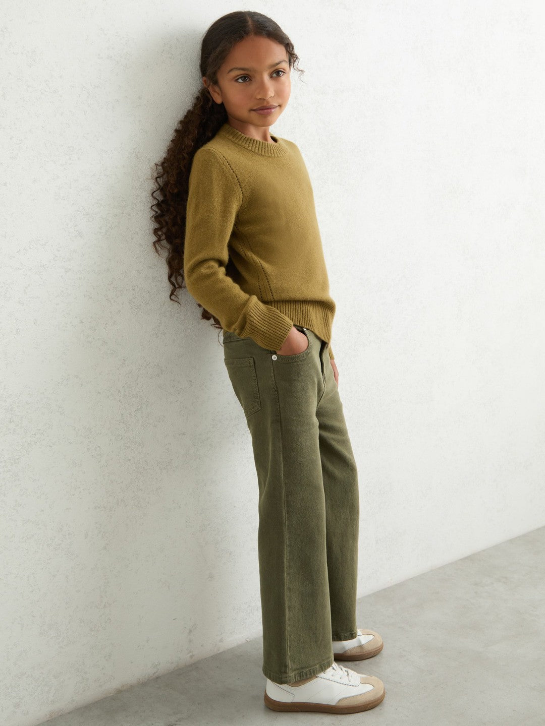 Reiss | 9-13 yrs Wool-Blend Open-Stitch Jumper with Cashmere in Khaki Green