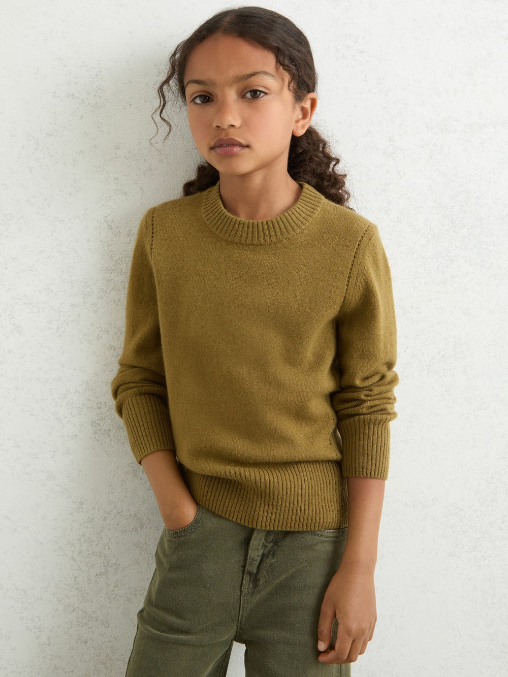 Reiss | 9-13 yrs Wool-Blend Open-Stitch Jumper with Cashmere in Khaki Green