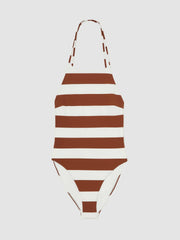 Reiss | Stripe Cross-Back Swimsuit in Brown/White