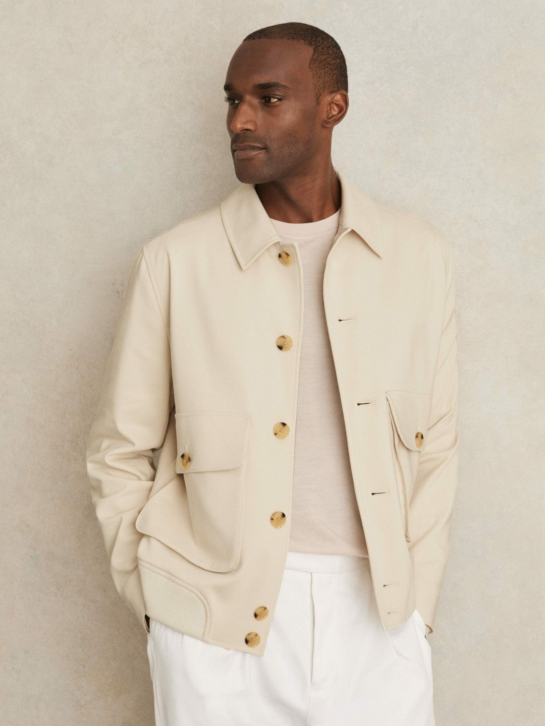 Reiss | Cotton-Blend Button-Through Jacket in Light Stone