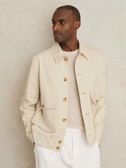 Reiss | Cotton-Blend Button-Through Jacket in Light Stone