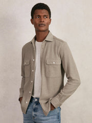 Reiss | Textured Twin Pocket Cotton Blend Overshirt in Oatmeal Brown Melange