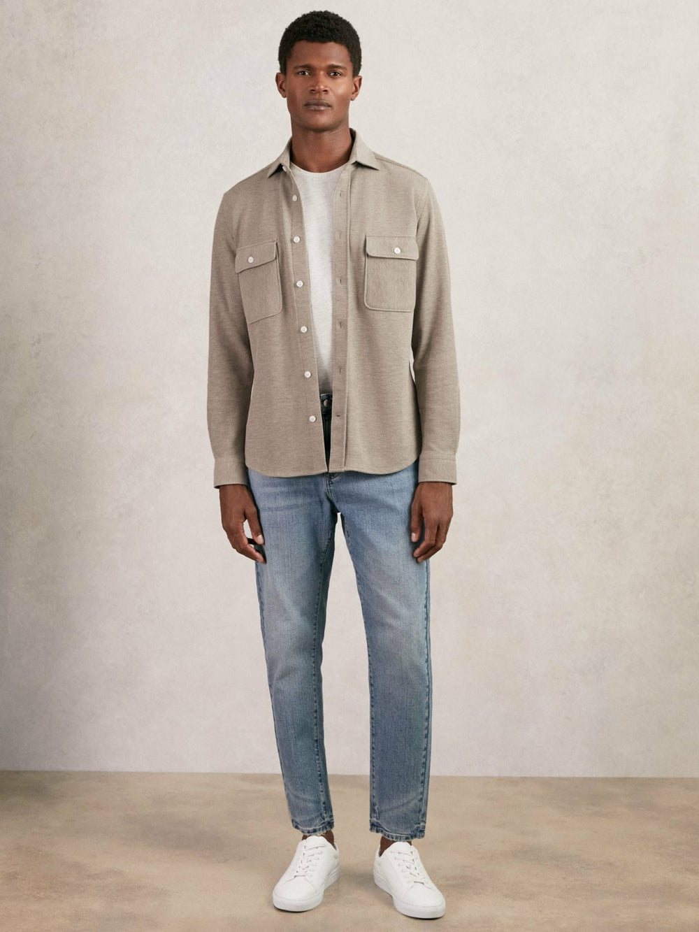 Reiss | Textured Twin Pocket Cotton Blend Overshirt in Oatmeal Brown Melange