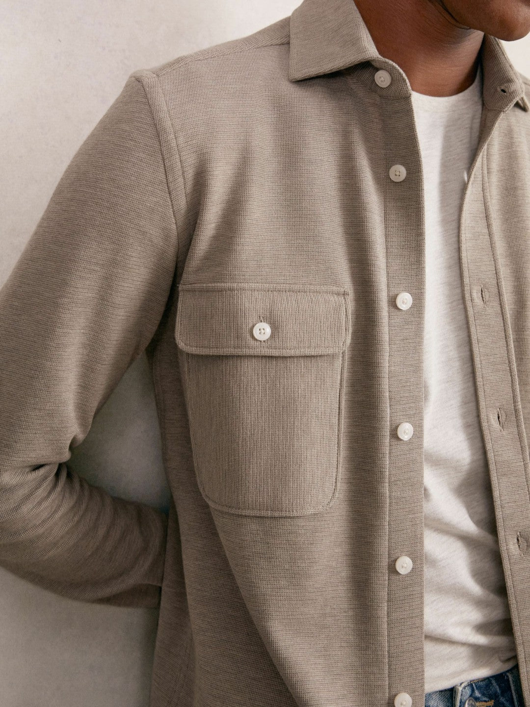 Reiss | Textured Twin Pocket Cotton Blend Overshirt in Oatmeal Brown Melange