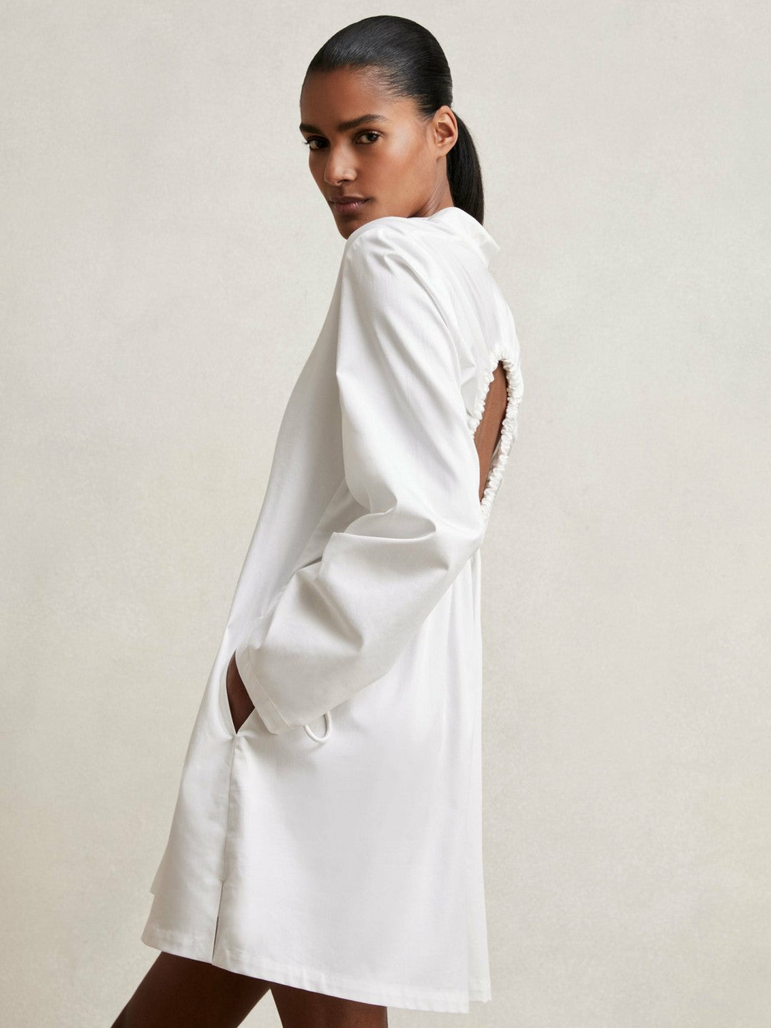 Reiss | Cotton Gathered Cut-Out Shirt Dress with Stretch in Ivory
