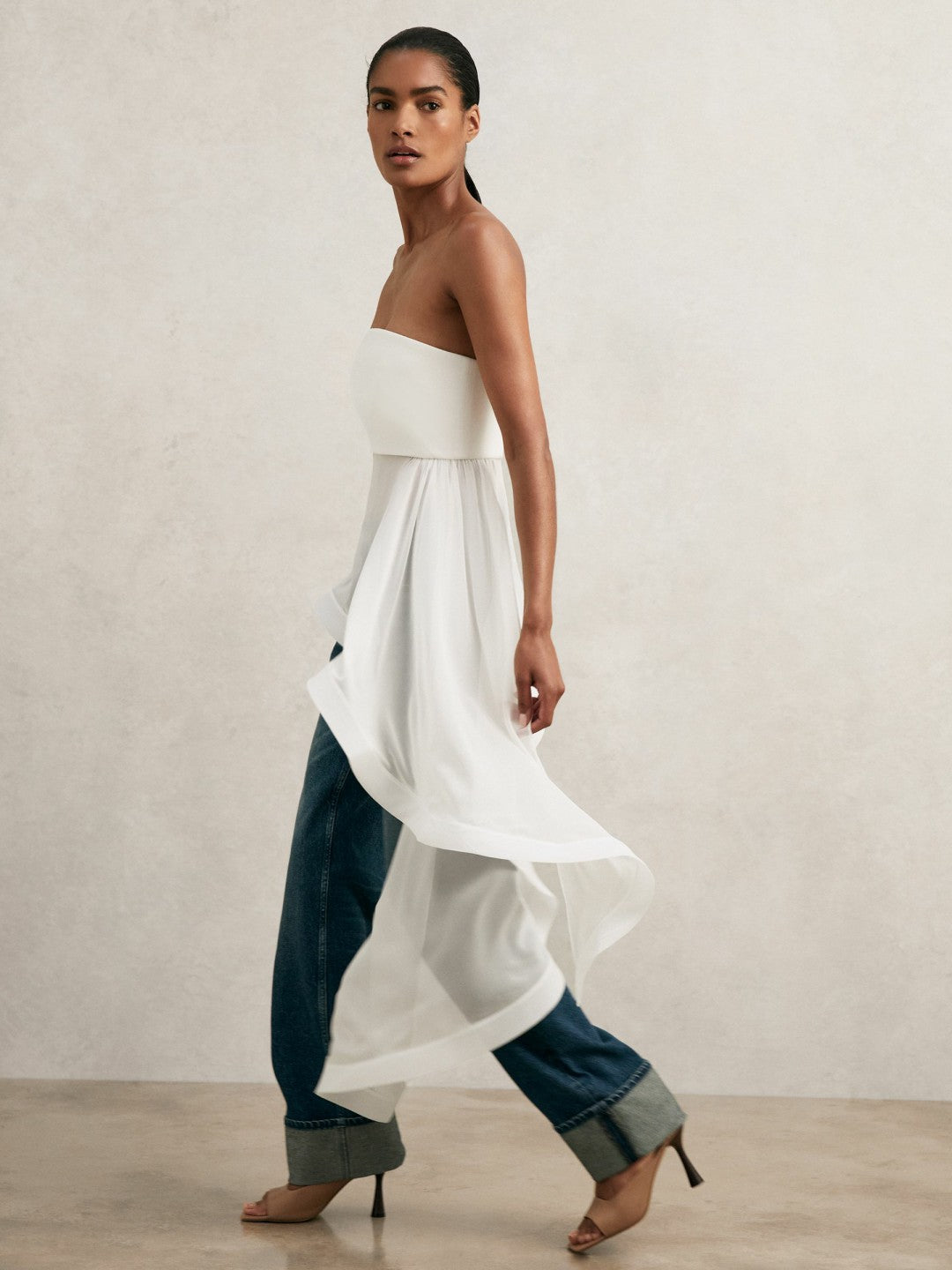 Reiss | Silk Asymmetric-Ruffle Bandeau Top in Ivory