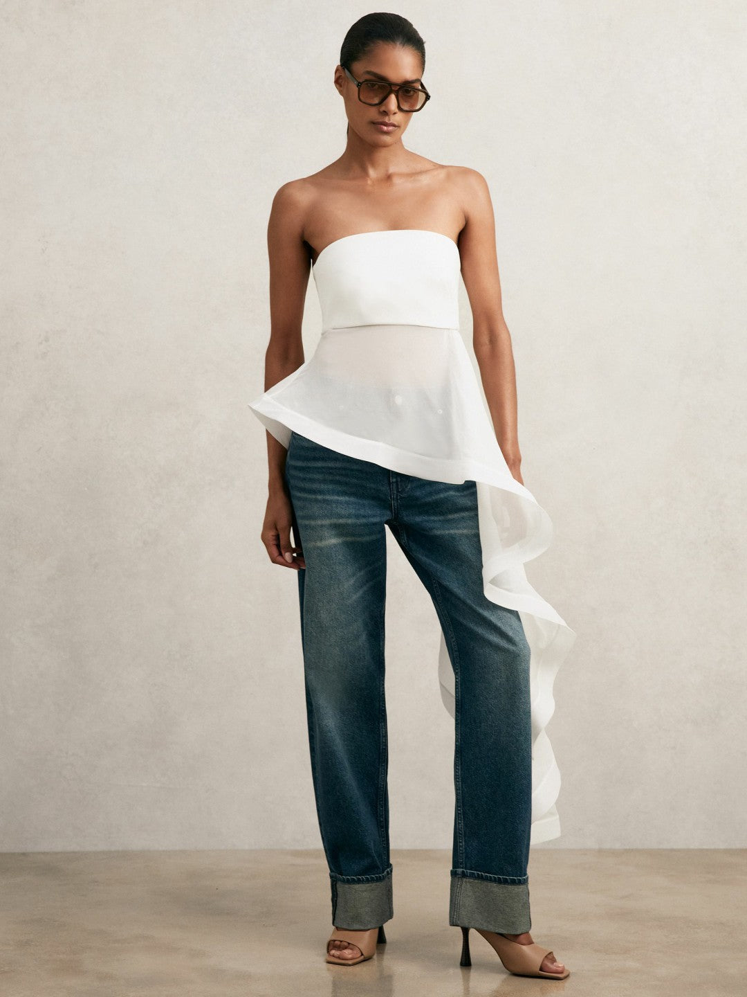 Reiss | Silk Asymmetric-Ruffle Bandeau Top in Ivory