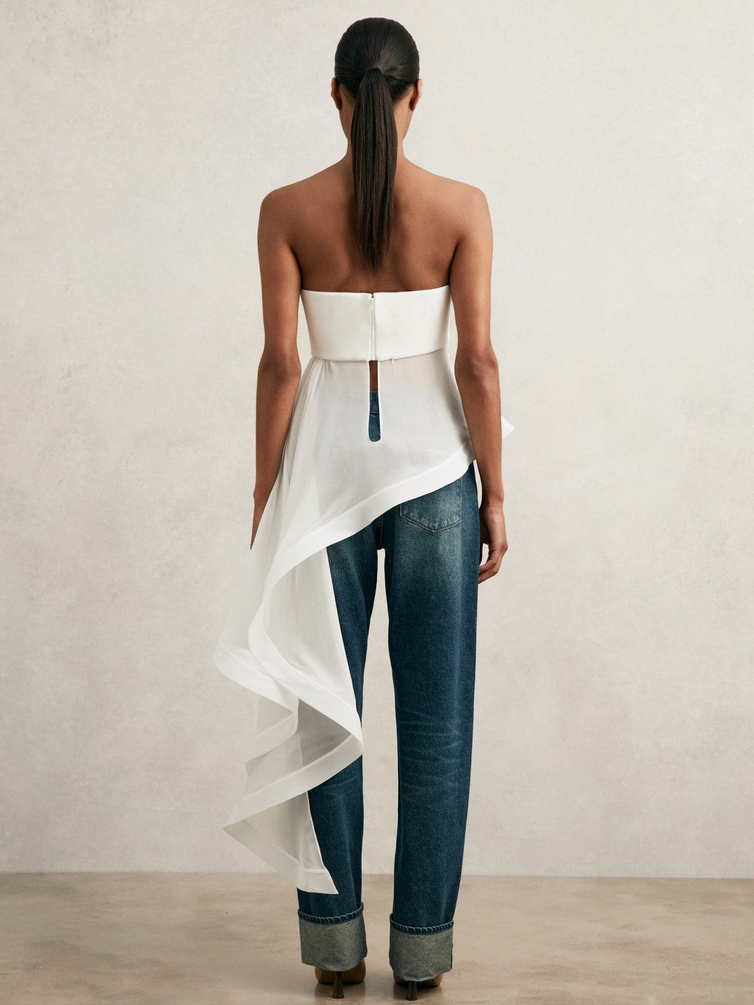 Reiss | Silk Asymmetric-Ruffle Bandeau Top in Ivory