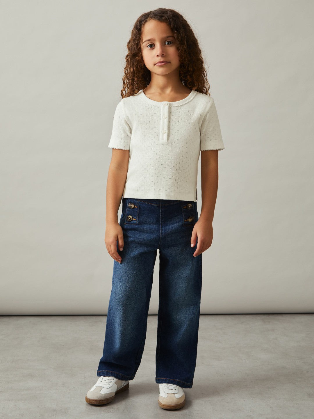 Reiss | 9-13 yrs Cotton Pointelle Button T-Shirt in Ivory