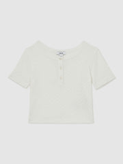 Reiss | 9-13 yrs Cotton Pointelle Button T-Shirt in Ivory