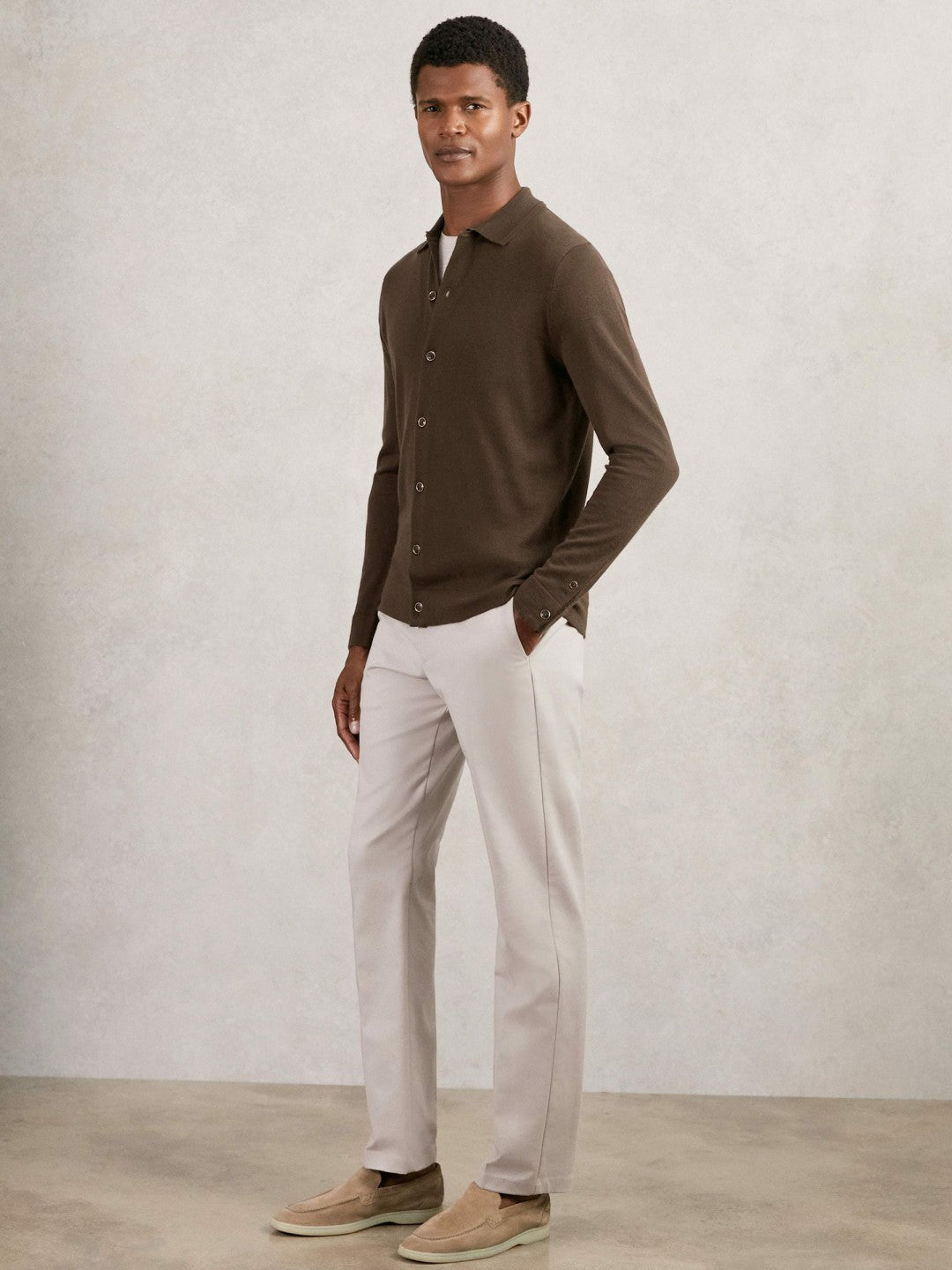Reiss | Merino Wool Button-Through Cardigan in Chocolate Brown