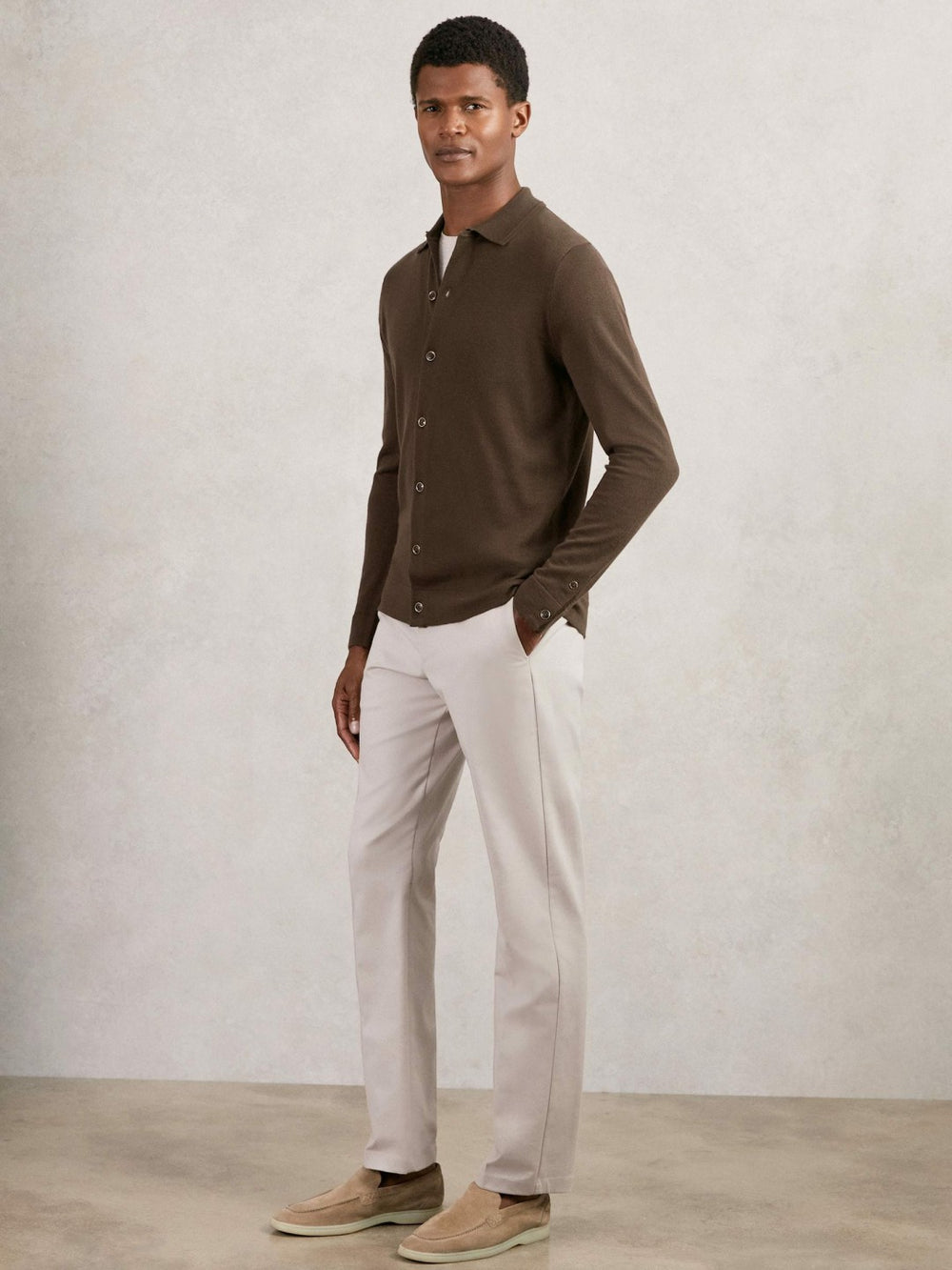 Reiss | Merino Wool Button-Through Cardigan in Chocolate Brown