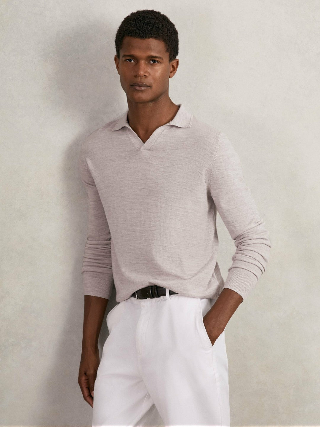 Reiss | Merino Wool Open-Collar Polo Shirt in Wicker Brown Melange