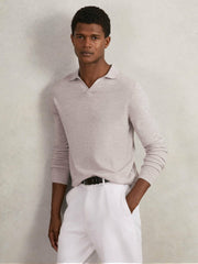 Reiss | Merino Wool Open-Collar Polo Shirt in Wicker Brown Melange