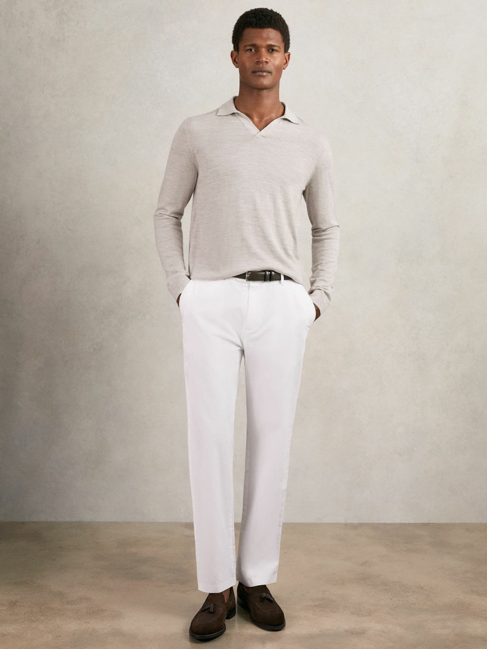 Reiss | Merino Wool Open-Collar Polo Shirt in Wicker Brown Melange