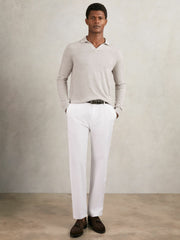 Reiss | Merino Wool Open-Collar Polo Shirt in Wicker Brown Melange