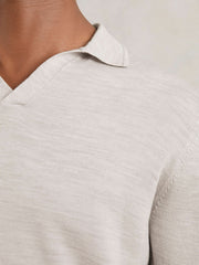 Reiss | Merino Wool Open-Collar Polo Shirt in Wicker Brown Melange