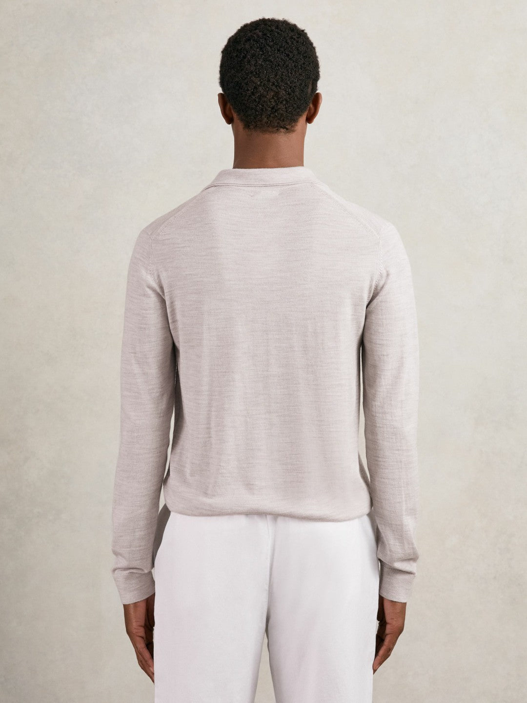 Reiss | Merino Wool Open-Collar Polo Shirt in Wicker Brown Melange