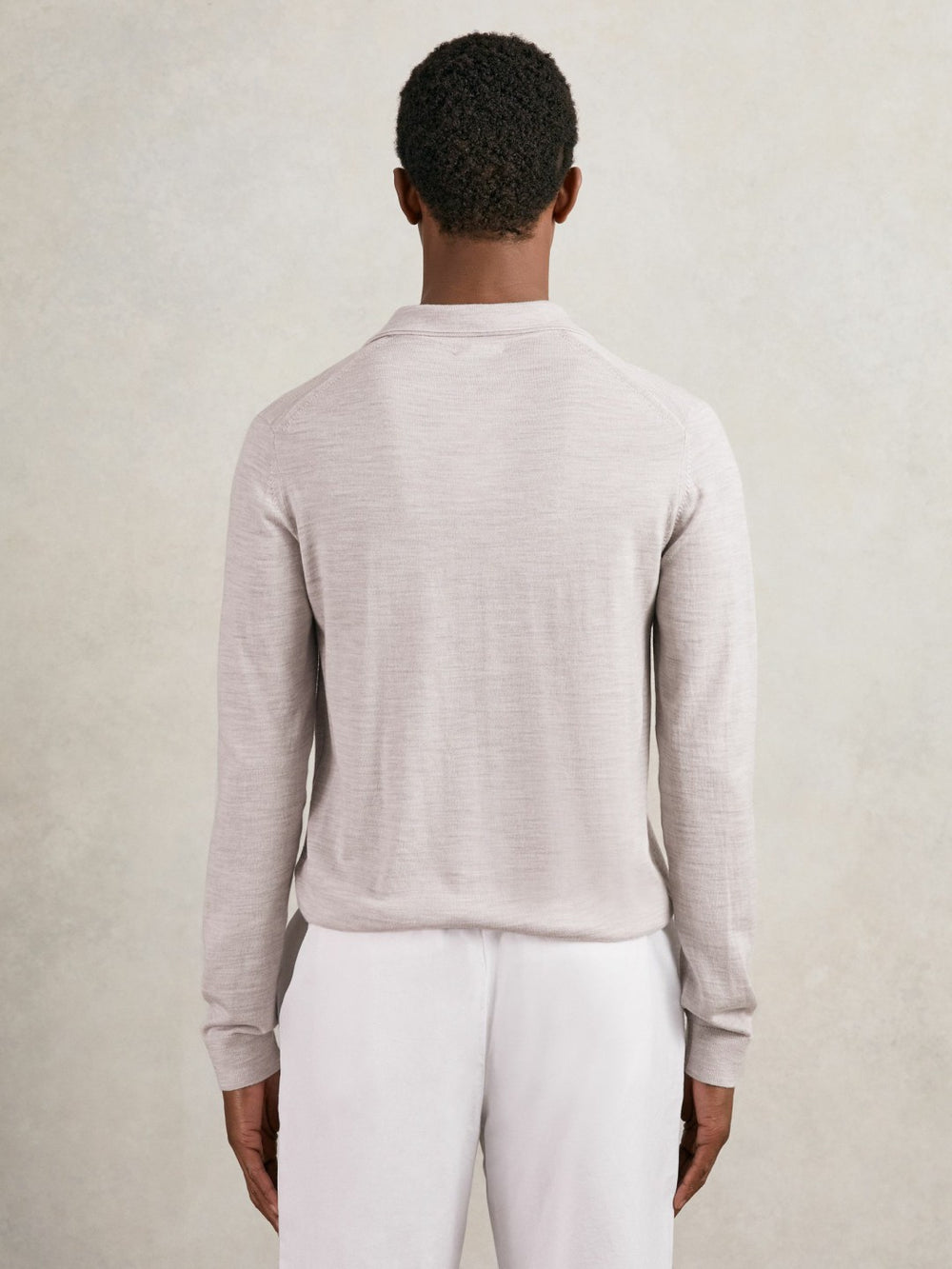 Reiss | Merino Wool Open-Collar Polo Shirt in Wicker Brown Melange