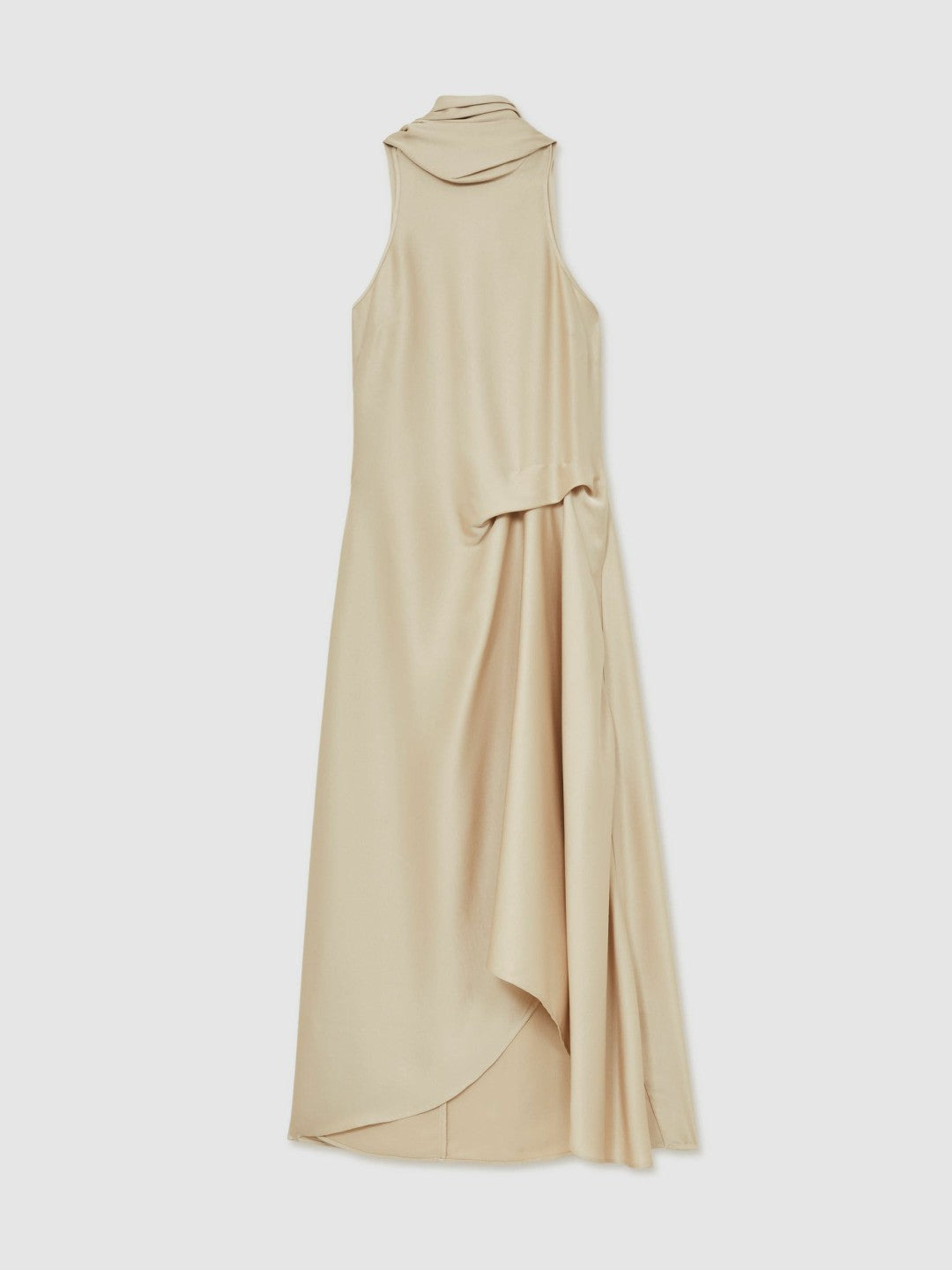Reiss | Satin Tuck-Detail Cape Midi Dress in Champagne Neutral