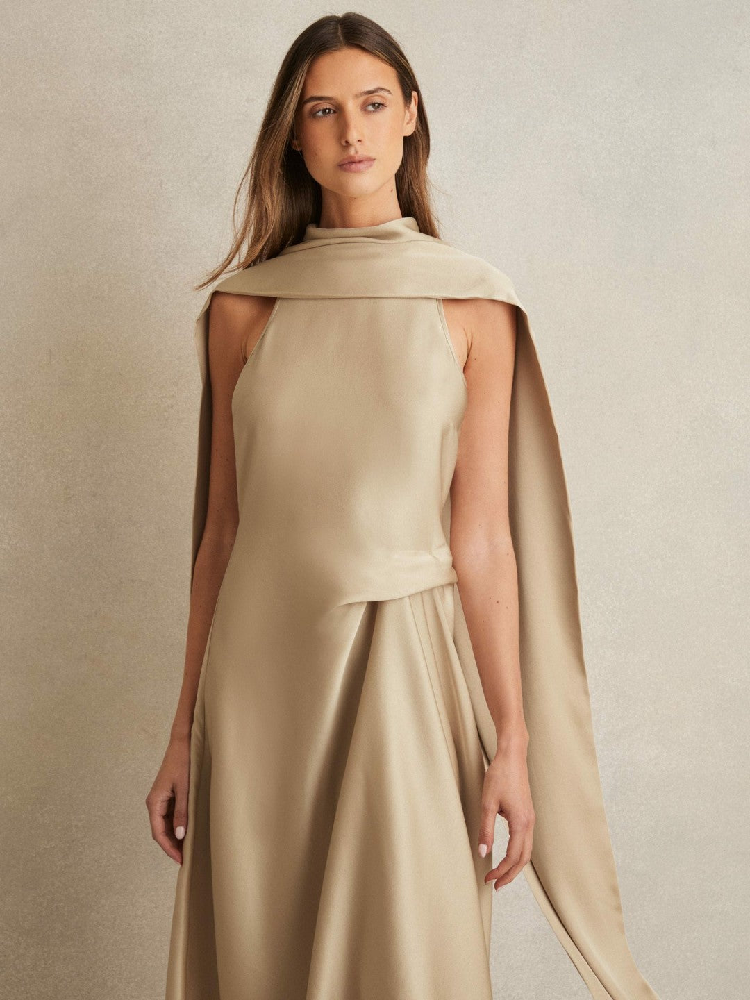 Reiss | Satin Tuck-Detail Cape Midi Dress in Champagne Neutral
