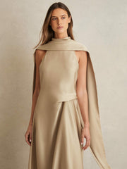 Reiss | Satin Tuck-Detail Cape Midi Dress in Champagne Neutral