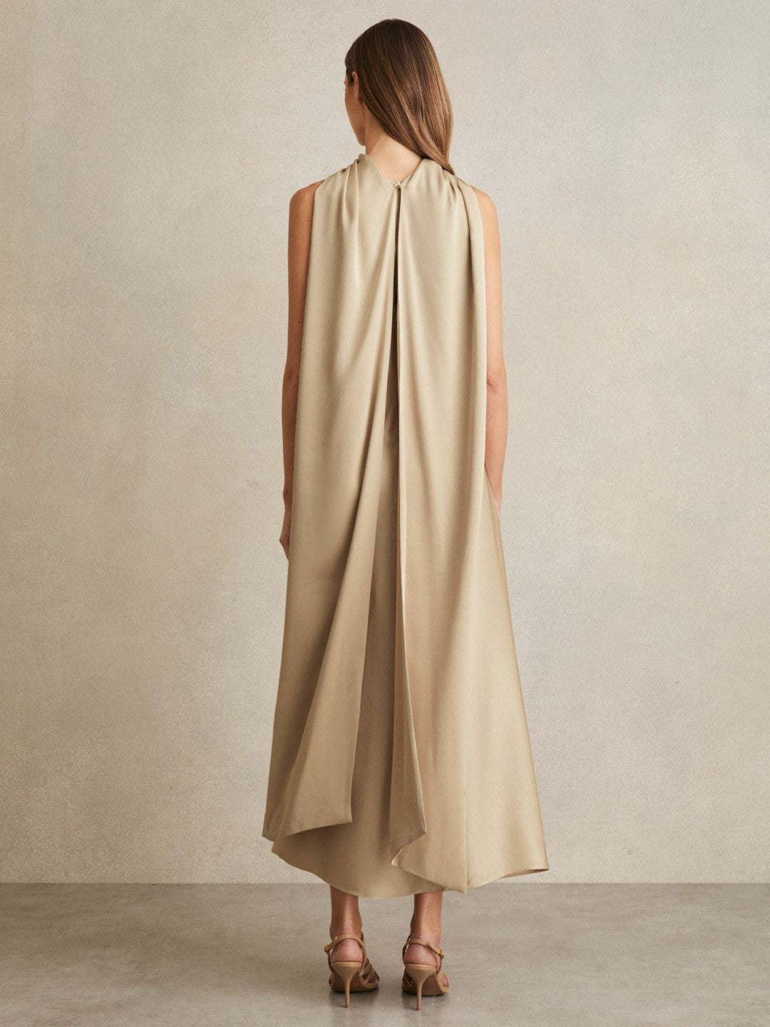 Reiss | Satin Tuck-Detail Cape Midi Dress in Champagne Neutral