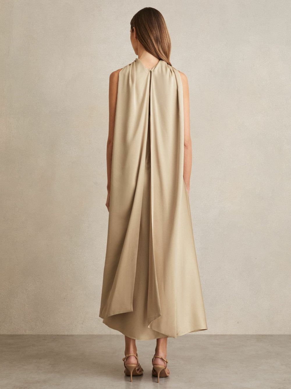 Reiss | Satin Tuck-Detail Cape Midi Dress in Champagne Neutral