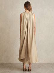 Reiss | Satin Tuck-Detail Cape Midi Dress in Champagne Neutral
