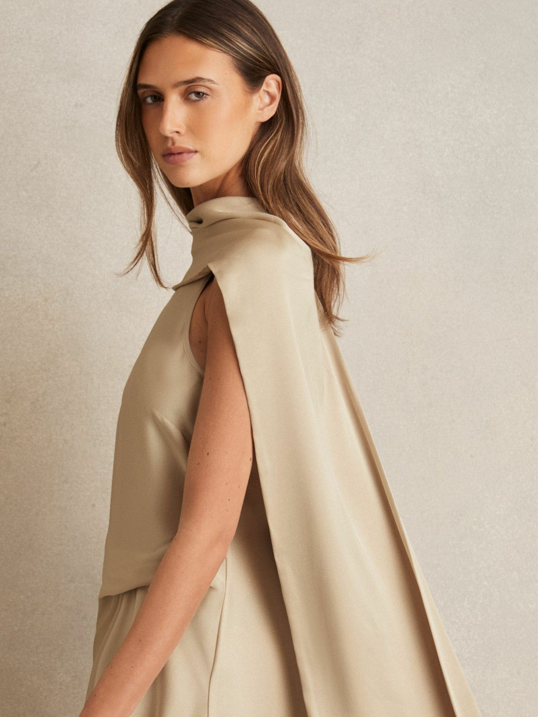 Reiss | Satin Tuck-Detail Cape Midi Dress in Champagne Neutral