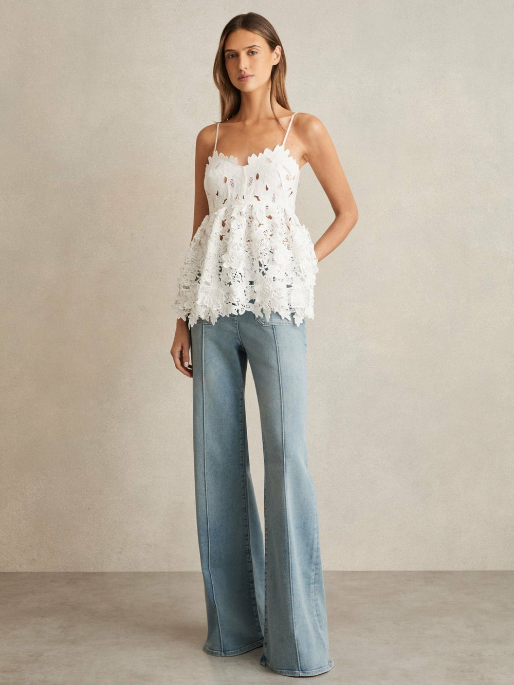 Reiss | Cotton Cut Out Lace Cami Top in Ivory