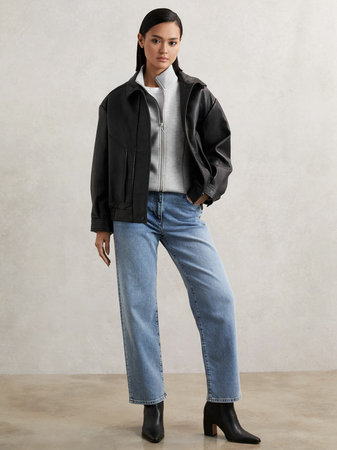Reiss | Funnel-Neck Zip-Through Sweatshirt in Grey