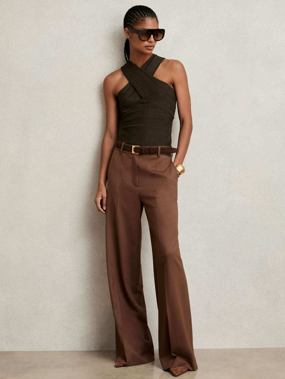 Reiss | Cross Neck Textured Top in Chocolate