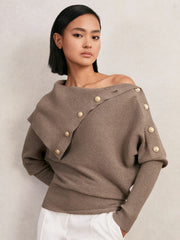 Reiss | Rib-Knit Button Shawl Jumper in Taupe
